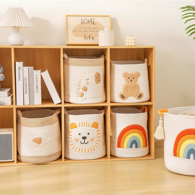 Toy Storage Baskets Woven Cotton Rope Storage Basket Kids Blanket Baskets for Living Room, Toys Organizer with Embroidery Colorful Rainbow Decor, Baby Basket for Laundry Nursery (Boho Rainbow)