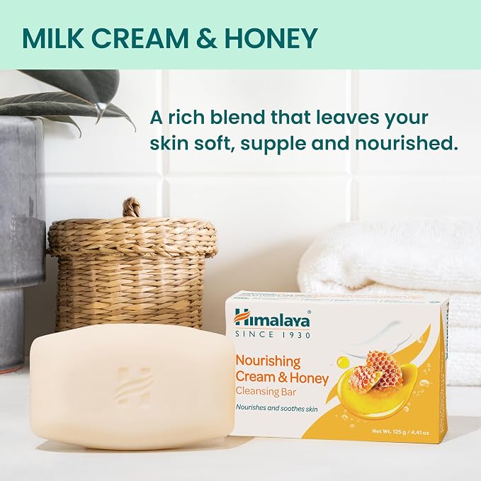 Himalaya Nourishing Cream & Honey Cleansing Bar Soap, Soft Milk and Honey Hand Soap, for Face and Body, Face Soap Bar, Face Wash Bar, Bath Soaps, Soft Skin, 4.41 oz, 12 Pack