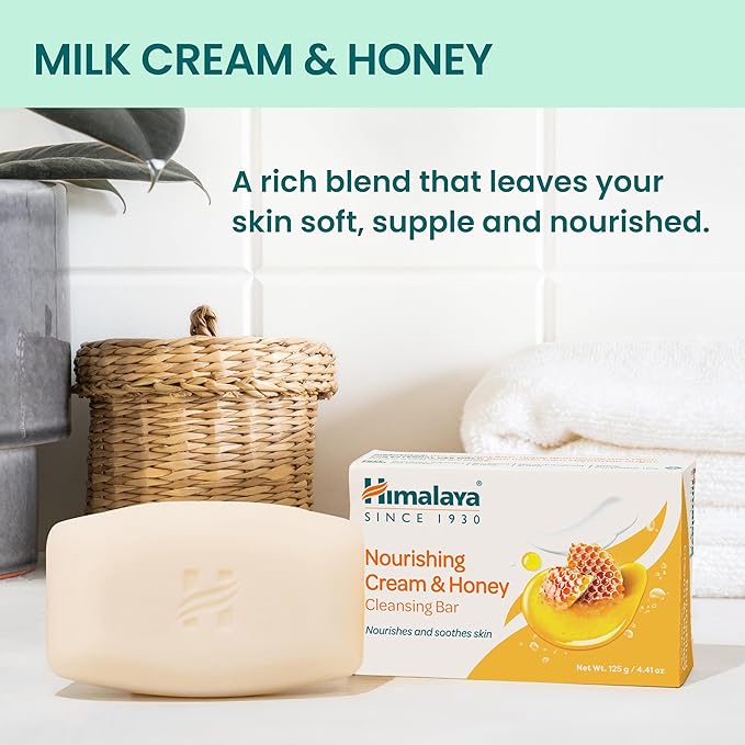 Himalaya Nourishing Cream & Honey Cleansing Bar Soap, Soft Milk and Honey Hand Soap, for Face and Body, Face Soap Bar, Face Wash Bar, Bath Soaps, Soft Skin, 4.41 oz, 3 Pack