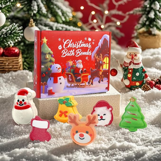 Christmas Bath Bombs for Kids, 6 Festive Shapes, Stocking Stuffer Gift Set | 6 Large Christmas Bath Bombs Offer a Fuller Soak with Colorful Fizz and Scents, Ideal Gifts for Kids and Stocking Stuffers