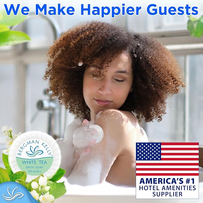 BERGMAN KELLY Luxury Travel Size Round Soap Bulk, White Tea, 0.5 oz, 100 PK | Bergman Kelly Guest Size: Individually wrapped 1.9" diameter bars. Rich lather, ideal for Airbnbs, travel, and care packages.