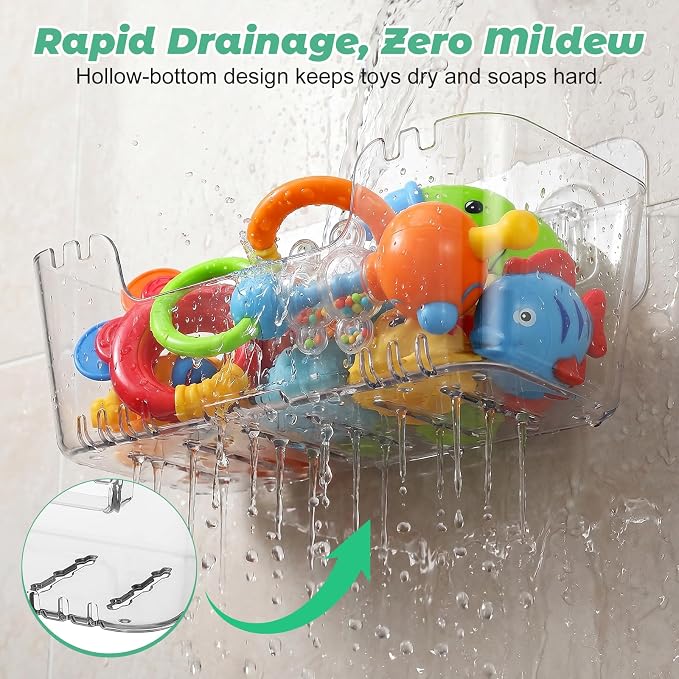 Wakauto 4 Pack Clear Bath Toy Organizer & Shower Caddy Set, Adhesive Bathtub Storage Basket for Kids Baby Toys, Acrylic Bathroom Wall Holder Bin (1 Large & 1 Small Organizer, 2 Soap Dishes)