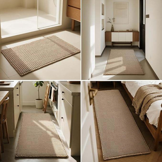 Triohero Waffle Bath Mat, Boho Bathroom Rugs Non Slip Washable, Ultra Soft Super Absorbent Quick Dry Farmhouse Bathroom Decor, 24" x 36", Beige