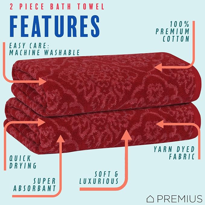 2 Pack Damask Hand Towel, Bath Towel, and Bath Sheet Towel, 100% Cotton Yarn Dyed, Lux Drying Experience, Great for Hands and Body, Perfect for Spa & Home Use (Burgundy, Bath Towel)