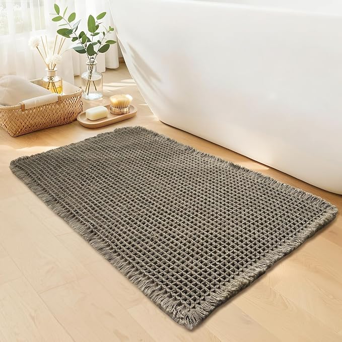 Waffle Bath Mat - Boho Bathroom Rugs Non Slip Washable, Super Absorbent & Quick Dry, Small Bath Mats Farmhouse Bathroom Decor, 18'' x 30'', Olive Green