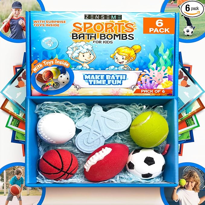 Bath Bombs For Boys W/Educational Flash Cards - Bathbombs with Toys Inside - 2.5 oz Gift Set of 6 Scented Organic Handmade with Natural Essential Oils - Sports Surprise Inside - Bath Toys - by Zenseme