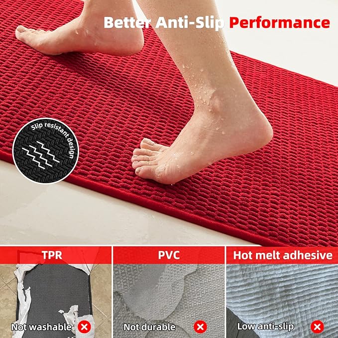 TYUU Christmas Bathroom Runner Rugs, Long Bath Mat Runner Washable Thin Quick Dry Low Pile Bathroom Runner Rugs Non Slip, Red 16"x60"