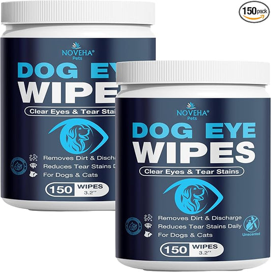 NOVEHA Cat & Dog Eye Wipes Tear Stain Remover For Discharge and Crust | White Pet Face Wipes | Easy Daily Pets Gentle Eye Cleaner for Whitening & Cleansing | 2PK - 150 Large Pk Round Wipes