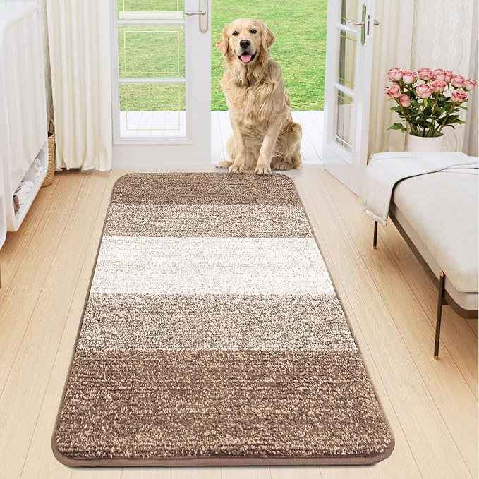 Smiry Dog Door Mat for Muddy Paws, Absorbs Moisture and Dirt, Low-Profile Entryway Mat with Non-Slip Backing, Entry Indoor Outdoor Doormat for Inside Floor (45x27 Inches, Khaki, Striped)