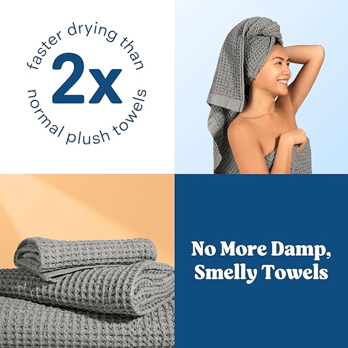 ONSEN Supima® Waffle Bath Towel Set, Quick Dry Lint Free 100% USA Cotton, Bath Hand and Face Towel Bundle, 3 Piece (Cinder Grey, Bath Towel Set)