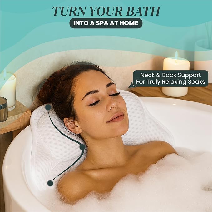 Bathtub Pillow for Head and Neck Support, Bath Pillow for Tub with 6 Suction Cups, Quick Dry Spa Tub Pillow, Bath Back Cushion with Mesh Polyester, Includes Bath Sponge and Wash Bag