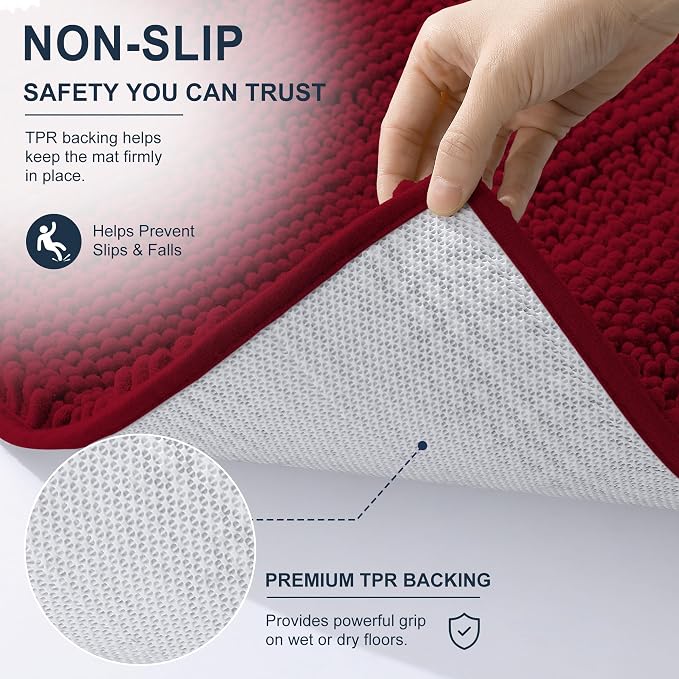 Smiry Thick Small Chenille Bathroom Rugs 24x16, Extra Soft Absorbent Striped Bath Mat, Machine Washable, Rubber Backing, Bath Rugs for Bathroom, Tub & Shower, Modern Home Decor Accessories, Red