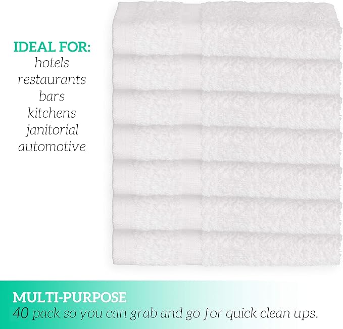 GREEN LIFESTYLE Washcloths 12" x 12" 40 Pack - 100% Cotton Wash Cloths, Soft Absorbent Face Towels, Bulk Washcloths for Body, Bathroom, Shower and Daily Use (White)