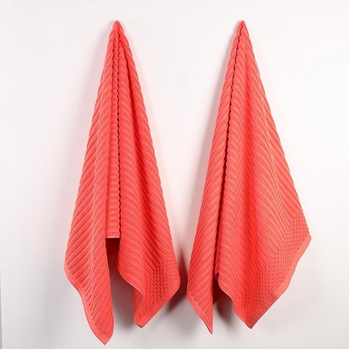 Superior Cotton 2-Piece Solid and Ribbed Bath Sheet Set, Bath Sheets- 34" x 68", Coral by Superior