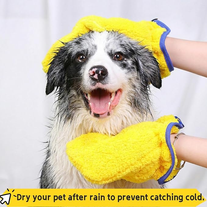 Microfiber Pet Drying Glove - Absorbent Dog & Cat Grooming Mitt, Quick Dry Bath Towel Glove for All Pets, One Size Fits All, 2 Pack (Blue/Yellow)