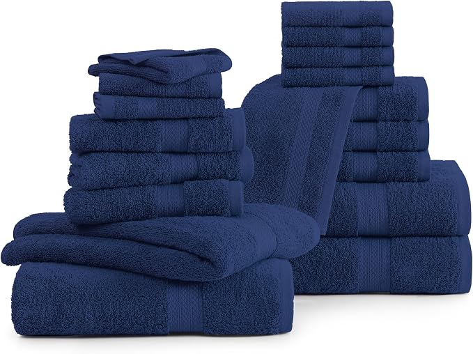 LANE LINEN Cotton Bath Towel Set - 18 Piece - Low Twist, Soft & High Absorbency - 4 Bath, 8 Wash Cloth, 6 Hand Towels - Classic Hotel Quality, Durable & Ideal for Modern Bathrooms - Navy Blue