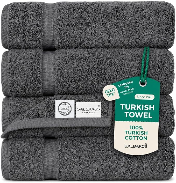 SALBAKOS 100% Turkish Cotton Bath Towels | 4 Piece Turkish Bath Towels Gray 27x54 Standard Size | Premium Hotel Quality, Super Absorbent, Thick, Plush Turkish Towel - Made in Turkey (Gray Pack of 4)