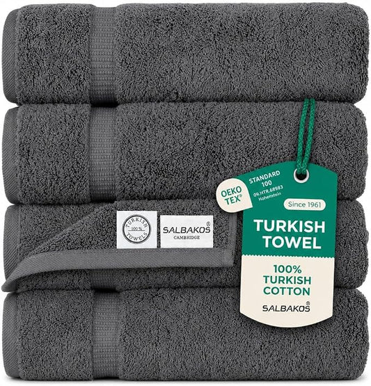 SALBAKOS 100% Turkish Cotton Bath Towels | 4 Piece Turkish Bath Towels Gray 27x54 Standard Size | Premium Hotel Quality, Super Absorbent, Thick, Plush Turkish Towel - Made in Turkey (Gray Pack of 4)