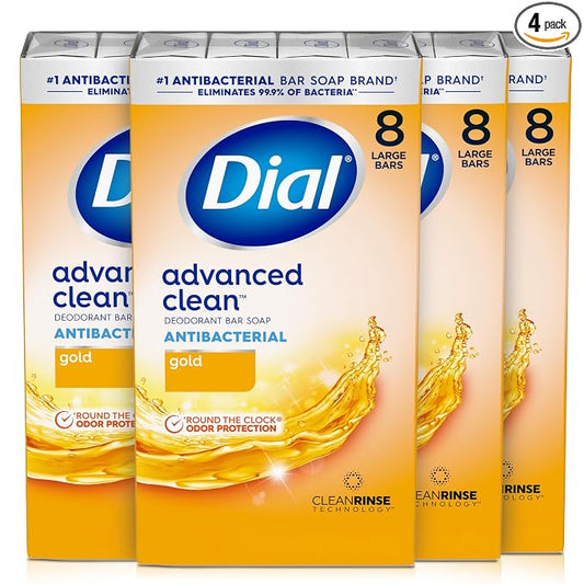 Dial Antibacterial Deodorant Bar Soap, Advanced Clean Gold, 4 Oz, 32 Bars, Round the Clock Odor Protection, Dermatologist Tested, With Clean Rinse Technology