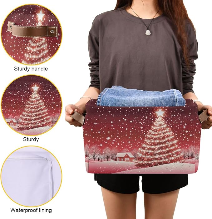 Christmas Tree Red Storage Basket with Waterproof Liner and PU Handles Xmas Winter Snow Scene Storage Bins Boxes 14.2" Collapsible Decorative Organizer Baskets for Bedroom Closet Office 1 Pack