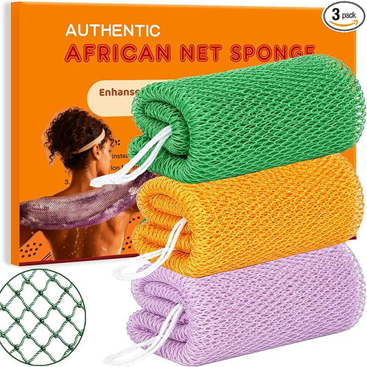 African Net Sponge Authentic, 3 Pieces African Exfoliating Net Sponge Body Back Scrubber Exfoliating Washcloth for Shower Bath for All Types Skin (Green+Gold+Light Purple, 3 Pcs)