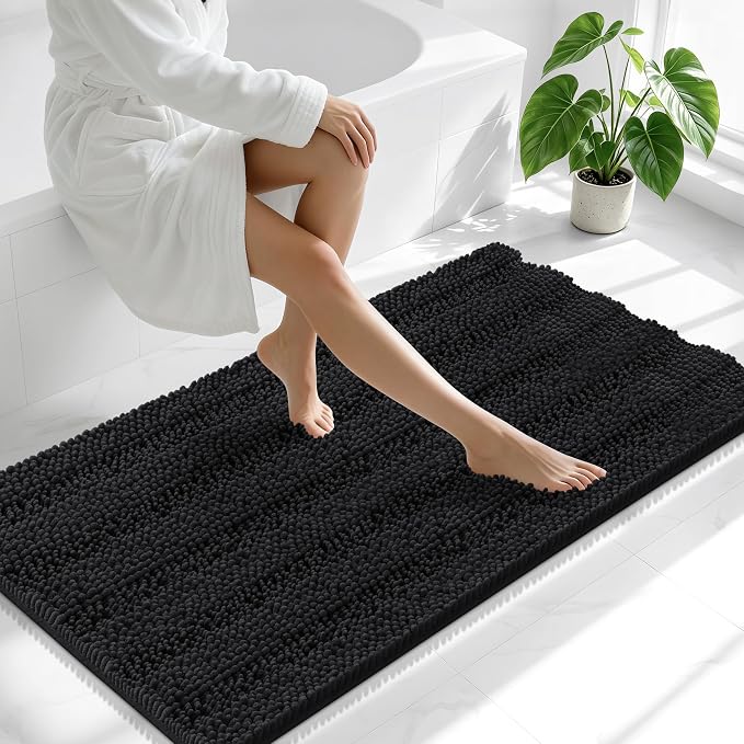 Smiry Thick Chenille Bathroom Runner Rugs 47x24, Extra Absorbent Striped Bath Mat, Machine Washable, Rubber Backing, Long Bath Rugs for Tub & Shower, Modern Home Decor Accessories, Black