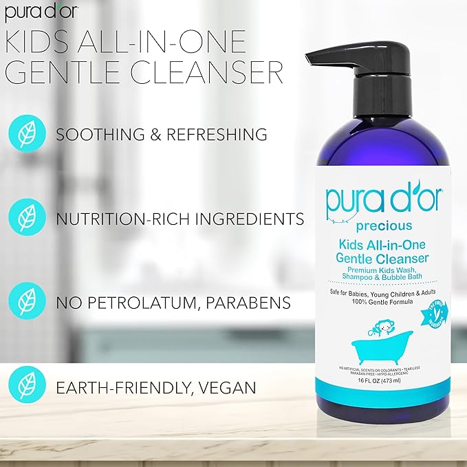 PURA D'OR Kids Wash (16oz x 3 = 48oz) All-in-One Gentle Cleanser - USDA Biobased, Sulfate-Free, Tear-Less, Hypoallergenic, Premium, Shampoo & Bubble Bath
