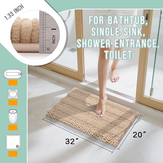 Yimobra Bathroom Rug Mat 32 x 20, Non Slip and Super Absorbent Bath Mat,Machine Washable Quick Dry,Ultra Plush Chenille Shower Rugs for Bathroom Floor Sink Tub and Shower Outside, Beige