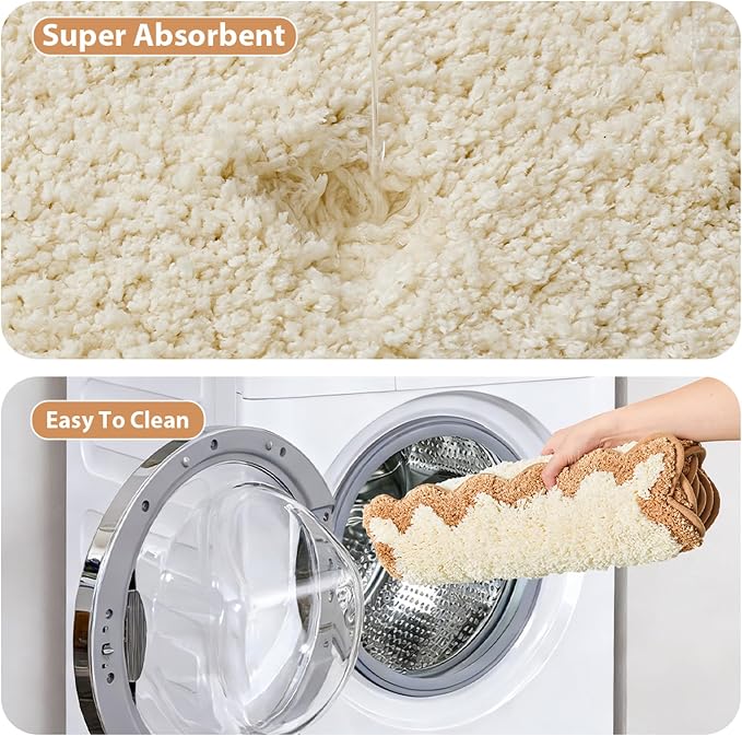 ORTIGIA Cute Beige Scalloped Bath Mat, Quick Dry Bath Rug Absorbent Soft Plush Microfiber Bathmat for Bathroom Floor Carpet for Sink Bedroom, 20x32