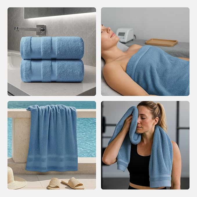 REDKISS 100% Cotton Bath Towels Set of 2, Extra Large Bath Sheets 35 X 70 Inches, Super Soft, Highly Absorbent & Quick Dry Shower Towels for Bathroom, Gym, Spa, Pool & Hotel, Dark Blue