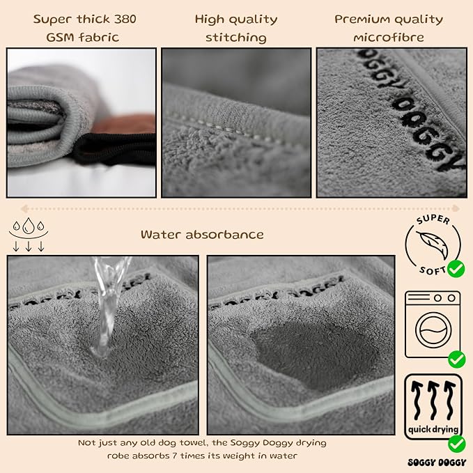 SOGGYDOGGY® US: Luxury Dog Bathrobe, Super Absorbent Microfiber Dog Bath Supplies, Fast Dry in Minutes, Thick & Soft Robe - Pet Grooming, Wash & Pet Hair Dryer - All-Season Dressing Gown (L)