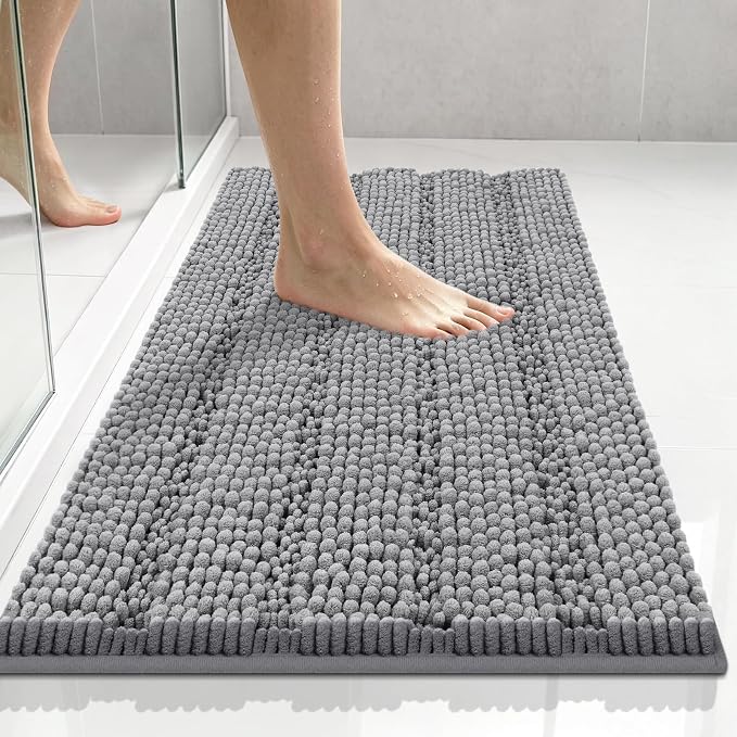 Bcoimo 24"×17" Chenille Bath Mat – Non-Slip with Backing Bath Rug Ultra-Absorbent and Machine Washable Bathroom Mat Quick-Dry Design. Ideal for Bathroom and Tub Areas