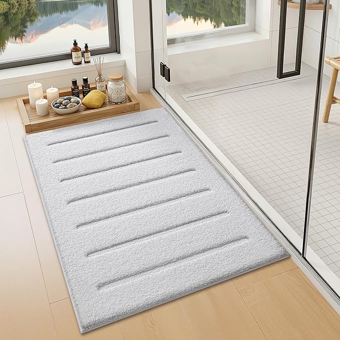 LUMI Non-Slip Skin-Friendly Bathroom Rugs, Hotel Quality Bath Mats for Bathroom, Washable Fluffy Shower Mat, Minimalist Luxury Striped Style,Ideal for Floor, Shower Tub, Entryway, 24"x36", White