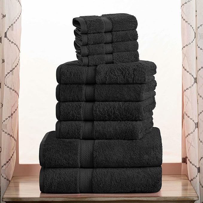 Superior Egyptian Cotton Ultra Plush & Absorbent, 10 Piece Set, Black | Quick Dry, Soft Luxury Towel Set, Bath Essentials, Guest Bath, Spa, 2 Bath, 4 Hand, 4 Face Towels, Madeline Towels