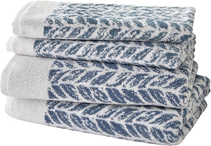 SKL Home Distressed Leaves 100% Turkish Cotton Premium 4-Piece Towel Set, 600 GSM, Soft & Absorbent Jacquard- 2 Bath Towels, 2 Hand Towels, Denim Blue