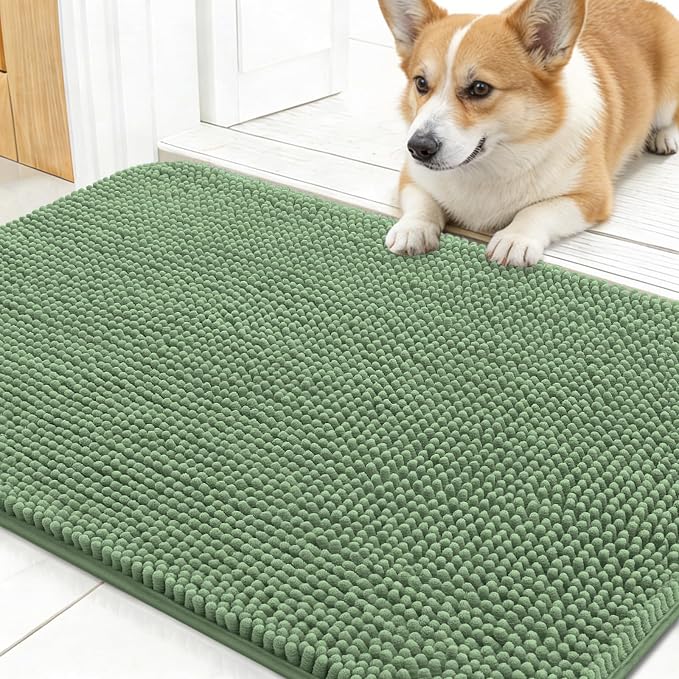 OLANLY Dog Door Mat for Muddy Paws 24x16, Absorbs Moisture and Dirt, Absorbent Non-Slip Washable Doormat, Quick Dry Chenille Mud Mat, Entry Indoor Entryway Carpet for Inside Floor, Olive Green