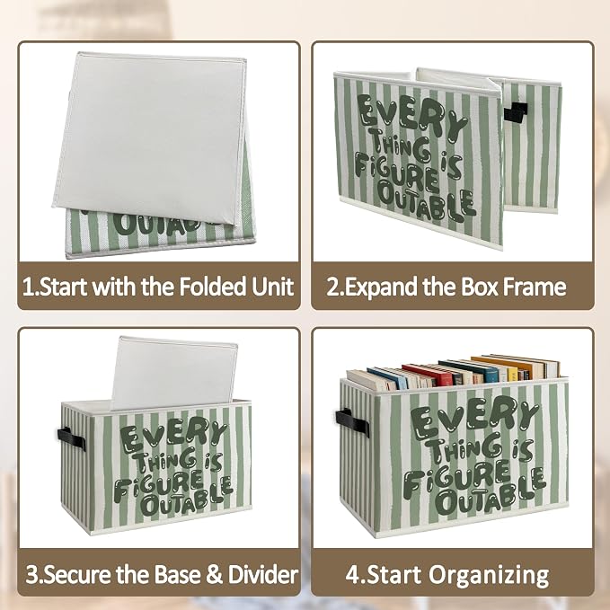 Green Inspirational Everything Is Figureoutable Foldable Storage Bins Box with Handles,Motivational Collapsible Organizer Basket for Kids Nursery Room Bedroom Bathroom Clothes Toys Books