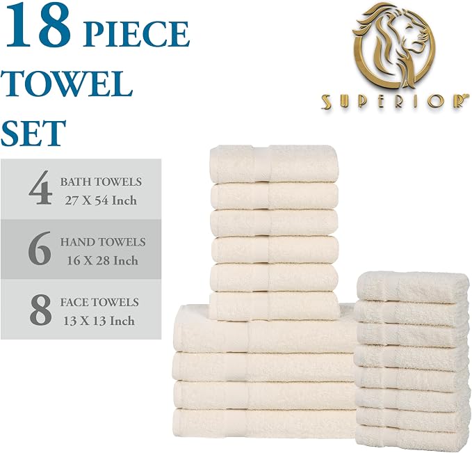 Superior 18-Piece Cotton Assorted Towel Set, Includes 8 Face Towel, 6 Hand, and 4 Bath Towels, Home, Bathroom, Guest Bath Essentials, Quick Dry, Absorbent, Franklin Collection - Ivory