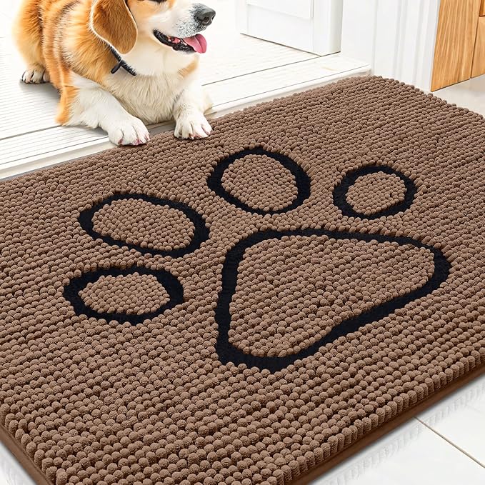 Smiry Dog Door Mat for Muddy Paws, Absorbent Dirt Trapper Non Slip Quick Dry Washable Chenille Mat for Mud Dogs, Entry Rug for Indoor and Outdoor (30x20 Inches, Coffee and Black)