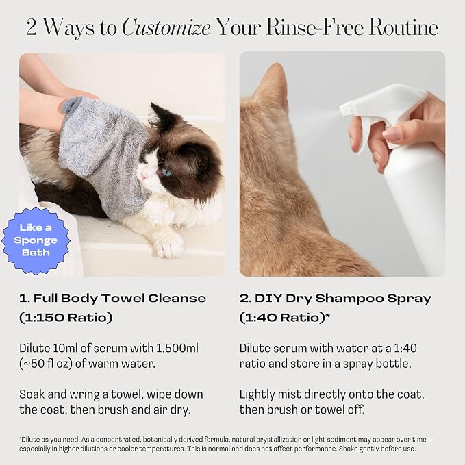 Cat Concentrated Waterless Rinse-Free Shampoo & Conditioner – DIY Dry Shampoo Spray or Towel Cleanse for Cats - Sensitive Skin, Stress & Itch Relief – 98.65% Naturally Derived