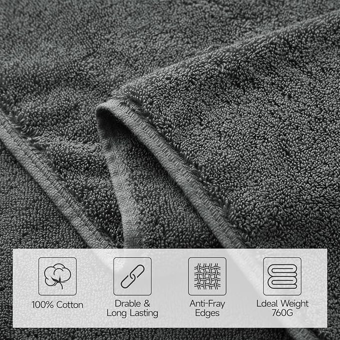 REDKISS 4 Pack Large Bath Towels Set, 100% Cotton, 31x63 in, Heavyweight 760G, Highly Absorbent & Quick Dry, Super Soft Luxury Towels for Bathroom,Hotel Collection - Dark Gray