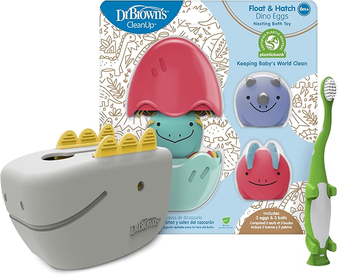 Dr. Brown's Baby and Toddler Toothbrush, Green Dinosaur 1-Pack 1-4 Years, CleanUp Float & Hatch Dino Eggs Bath Toy, 6m+, Dino-Soft Baby Bath Spout Cover, BPA Free, Certified Plastic Neutral