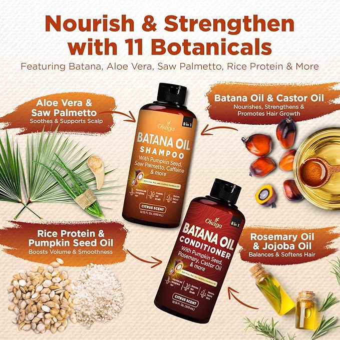 Okaga Batana Oil Shampoo & Conditioner Bundle, Citrus, 10.15 fl oz, 2 Pack | Aloe Vera, Saw Palmetto, Caffeine, Biotin, Jojoba, Pumpkin Seed, Castor, Rosemary & Hydrolyzed Rice Protein