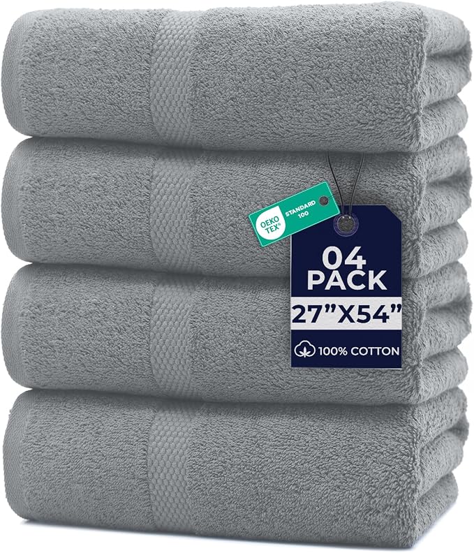 DAN RIVER Large Bath Towels Set of 4, 27 x 54 Inches, 600 GSM Larger & Lighter Weight Towels for Bathroom - Highly Absorbent & Quick Dry 100% Cotton Bath Towel Set for Home, Gym, Spa & Hotel - Silver