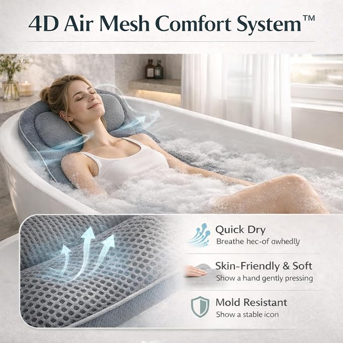 Full Body Bathtub Pillow, Extra Long & Thick Bath Cushion with Strong Suction Cups, Soft Head Neck & Back Support for Master Bathroom Evening Soaking (Black)