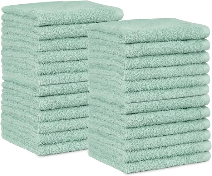 Amazon Basics Highly Absorbent, Fast Drying 100% Cotton Washcloths for Bathroom, Machine Washable, 12 x 12 inches, Seafoam Green, 24-Pack