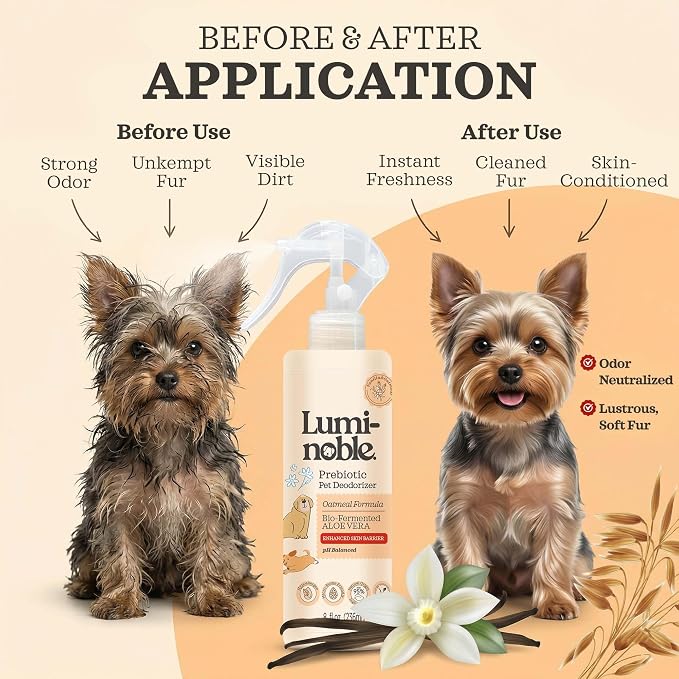 Prebiotic Dog Deodorizer Spray Perfume, Vanilla & Oatmeal Scented, Hypoallergenic Skin Care, Alcohol-Free Odor Remover for Dogs, Prebiotic Formula to Refresh & Hydrate Sensitive Skin & Coat, 8 oz