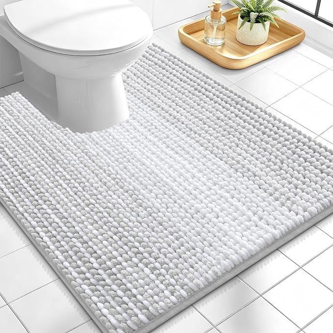 OLANLY Toilet Rugs U-Shaped 24x20, Extra Soft Absorbent Chenille Striped Contour Bathroom Rugs for Toilet, Dry Quickly, Machine Washable, Non-Slip Bath Mat, Light Grey