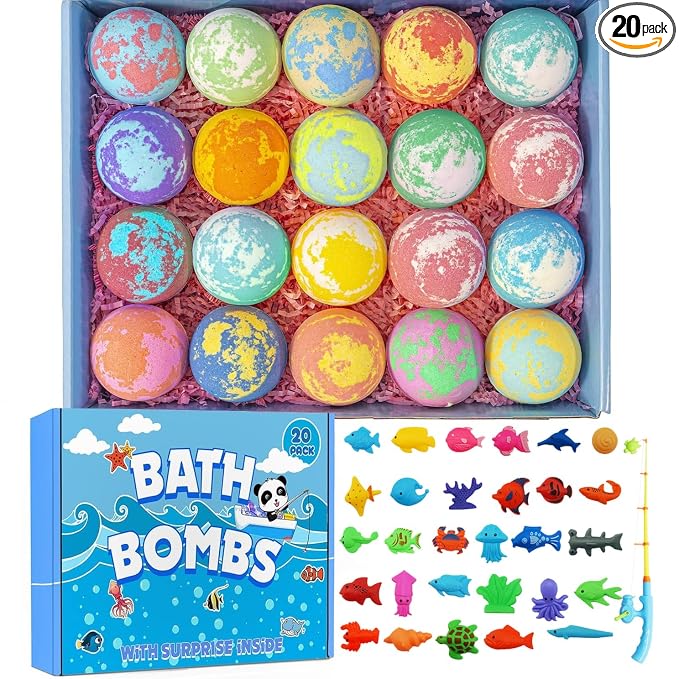 Bath Bombs for Kids with Surprise Fishing Games Inside for Girls Boys - 20 Kids Bath Bombs Gift Set, Handmade Bubble Bath Fizzes Bomb for Chrildren Birthday Christmas and Party Favor Gift for Boys