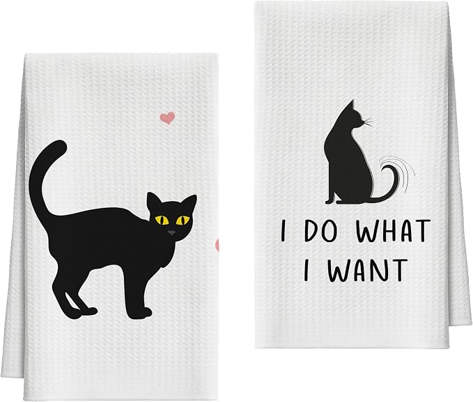 Kitchen Towels Set of 2, Black Cat Dish Towel for Kitchen, Decorative Hand Towels for Bathroom, Fast Drying Tea Towel with Funny Sayings, Housewarming Gifts for Cat Lover Women Mom -B05